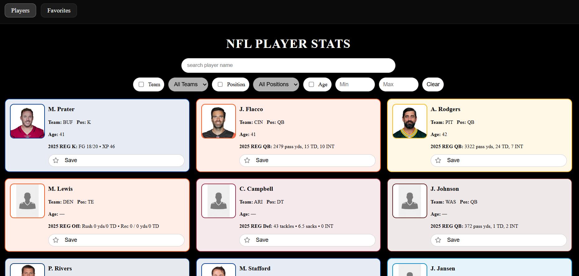 Screenshot of my NFL Website homepage