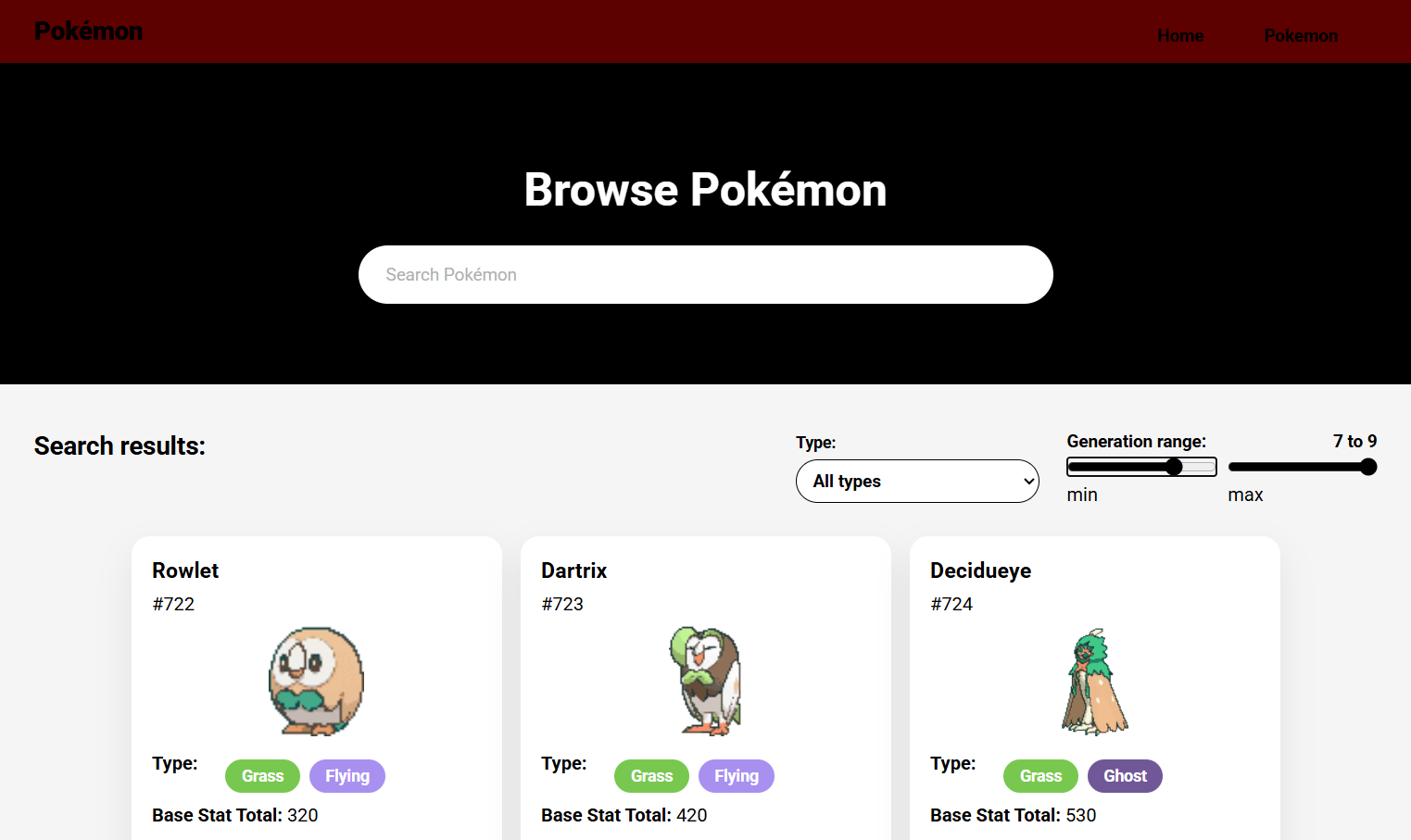 Screenshot of my Pokemon site page